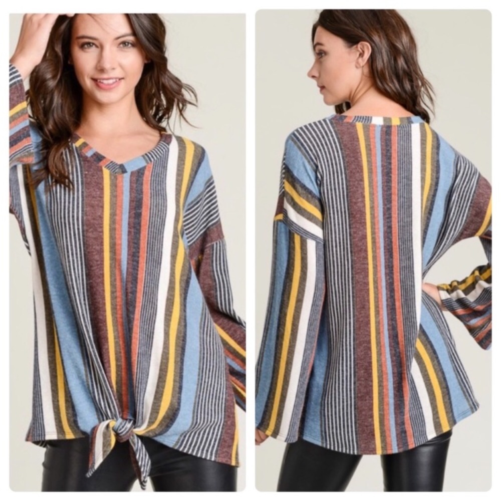 LAST‎ ONE V Neck Striped Bell Sleeve Top